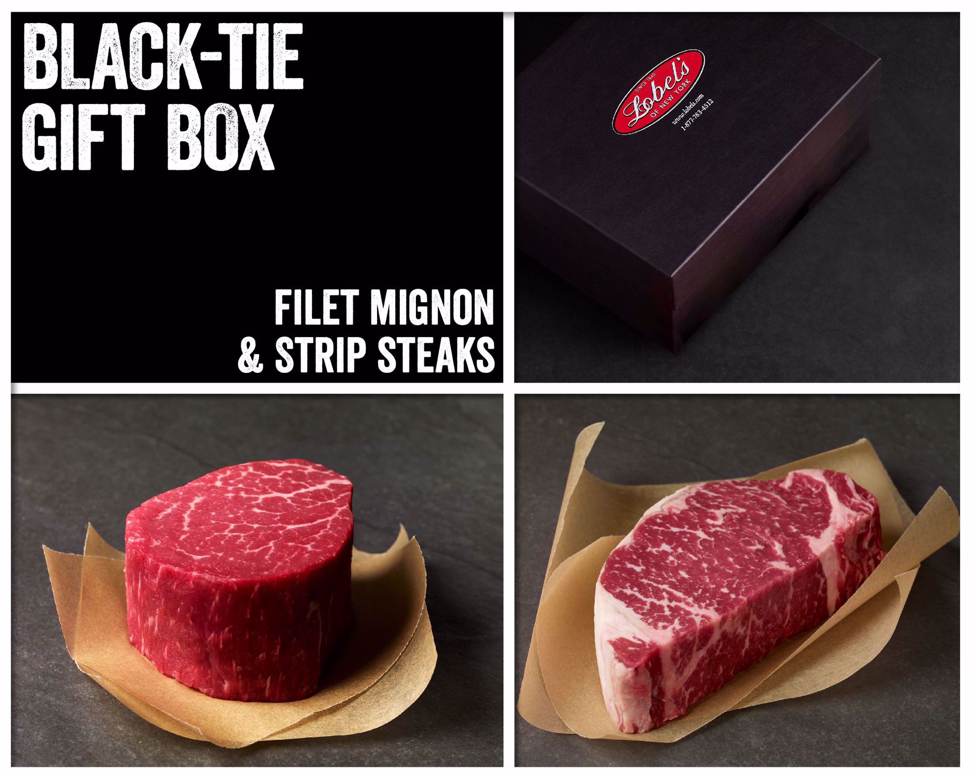 Black-Tie Gift Box: 2 (8 oz.) USDA Prime Filet Mignons & (12 oz.) USDA Prime Dry-Aged Boneless Strip Steak